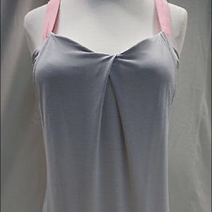 Luluemon Back on Track tank. Light grey with pink